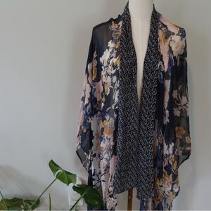 Anthropologie Black and Blue Cape with Artistic Floral Design